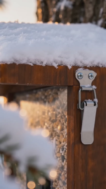 ogelhaus mit Kamera im verschneiten Winterwald – Produktvideo zur Vogelbeobachtung